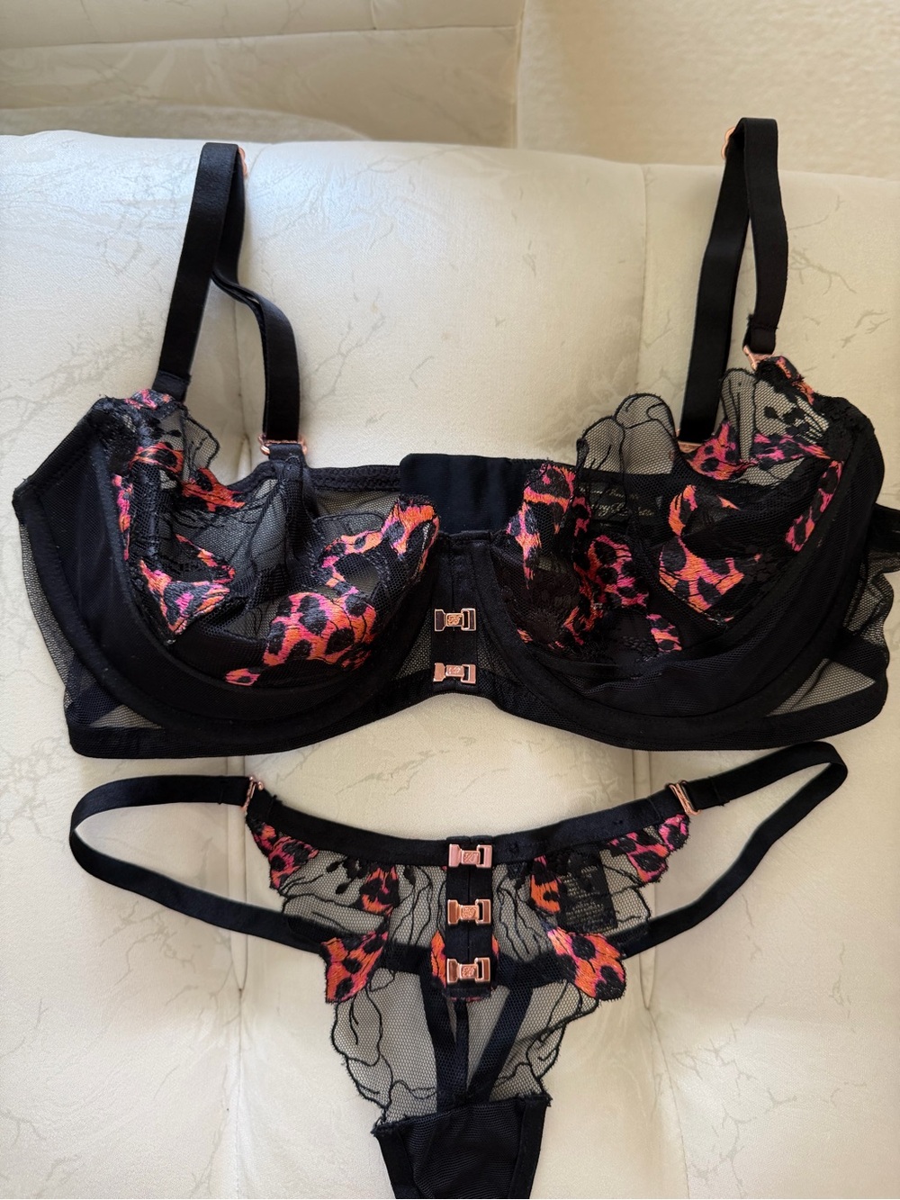 Honey Birdette Black Sheer Mesh Bra & Thong with Pink and Orange Embroidery - Picture 12 of 13